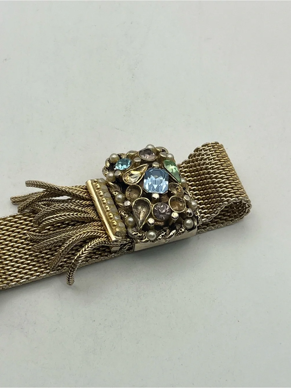 Victorian Revival gold tone mesh tassel slider adjustable rhinestone bracelet